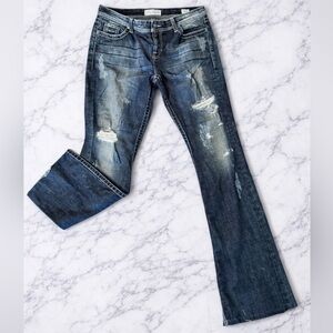 BKE Size 34 Dark Wash Distressed Flare Jeans | Mid Rise Stretch Denim